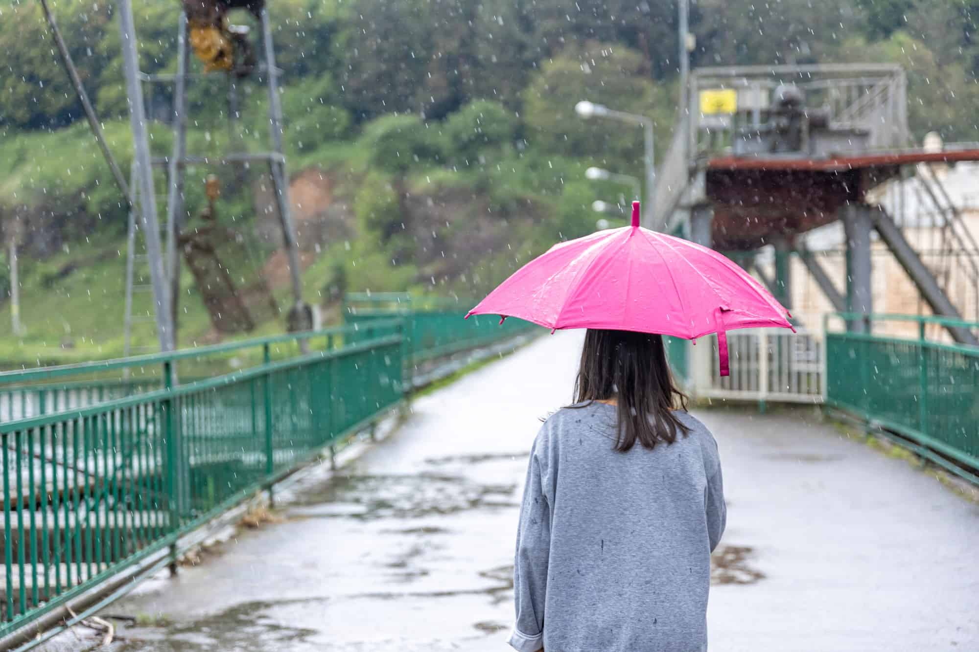 girl walking with umbrella in rain